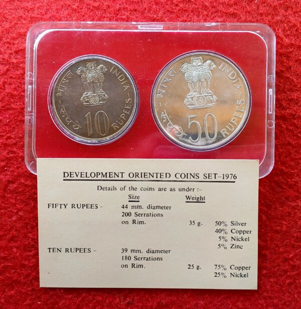 1976 - Food and Work for All (Bombay) UNC 2 Coins Set (Rs.50,Rs.10) - Image 3
