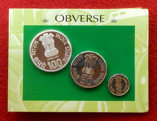1994 - International Labour Organisation (ILO) World of Work Bombay UNC 3 Coins Set (Rs.100, Rs.50,Rs.5) - Image 2