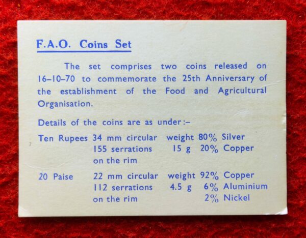 1970 - Food For All (Bombay) UNC 2 Coins Set (Rs.10, Ps.20) - Image 4