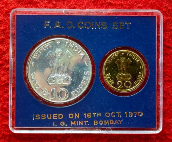 1970 - Food For All (Bombay) UNC 2 Coins Set (Rs.10, Ps.20) - Image 3