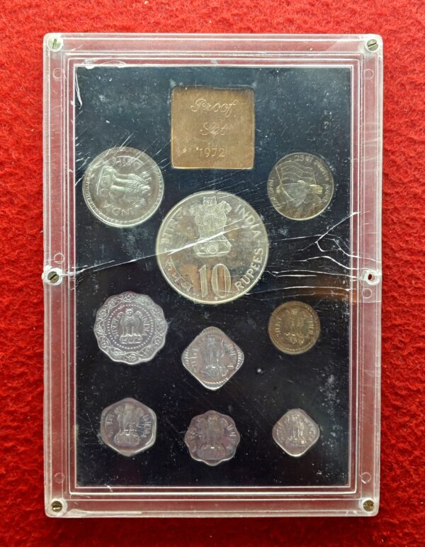 1972 – 25th Anniversary of Independence (Bombay) Proof 9 Coins Set (Rs.10, Re.1,Ps.50, Ps.25, Ps.10, Ps.5, Ps.3, Ps.2, Ps.1) Bombay Mint - Image 3