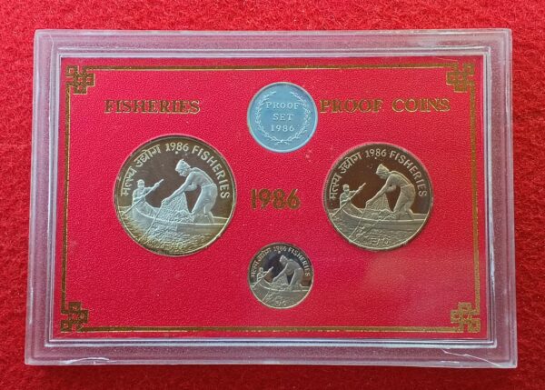 1986 - Fisheries (Bombay) Proof 3 Coins Set (Rs.100, Rs.20, Ps.50, Proof Token) - Image 3