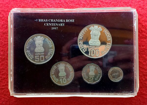 1997 - Netaji Subhas Chandra Bose (1897-1997) Proof 4 Coins Set (Rs.100, Rs.50,Rs.10, Rs.2) - Image 3