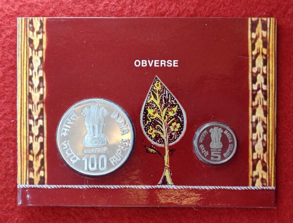 2001 - Bhagwan Mahavir 2600th Janm Kalyanak Proof 2 Coins Set (Rs.100, Rs.5) Mumbai Mint - Image 2