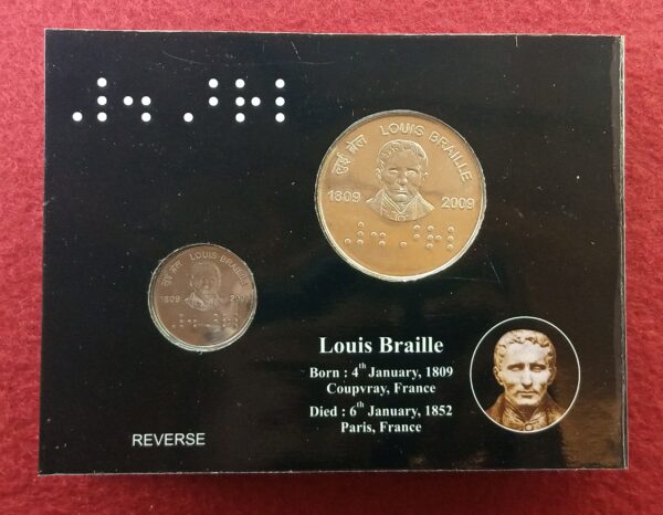 2009 - 200th Birth Anniversary of Louis Braille UNC 2 Coins Set (Rs.100, Rs.2) - Image 3