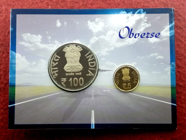 2011 - 100 Years of Civil Aviation India Proof 2 Coins Set (Rs.100, Rs.5) Mumbai Mint - Image 2