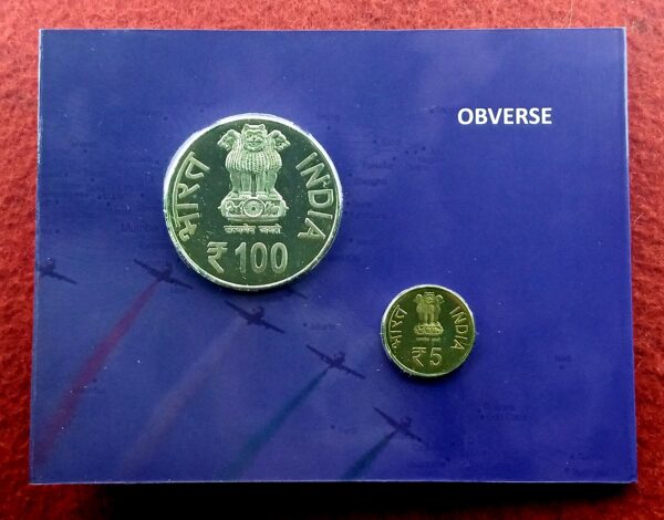 2011 - 100 Years Civil Aviation India UNC 2 Coins Set (Rs.100, Rs.5) Hyderabad Mint - Image 2