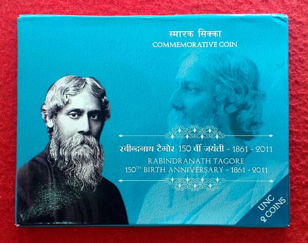 2011 - 150th Birth Anniversary of Rabindranath Tagore Hyderabad UNC 2 Coins Set (Rs.150, Rs.5)