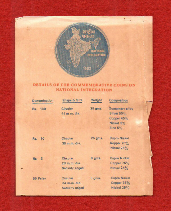 1982 - National Integration Proof 4 Coins Set (Rs.100, Rs.10, Rs.2, Ps.50) - Image 3
