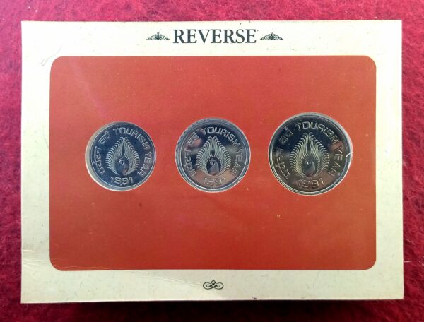 1991 India Tourism Year (Bombay) UNC 3 Coins Set (Rs.5, Rs.2,Re.1) - Image 3