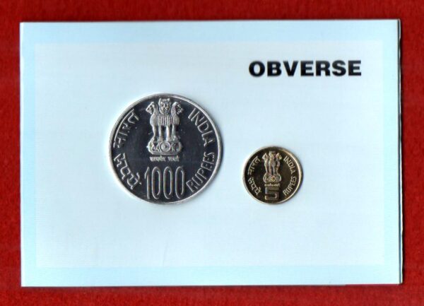 2010 - 1000 Years of Brihadeeswarar Temple (Mumbai) UNC 2 Coins Set (Rs.1000, Rs.5) - Image 2