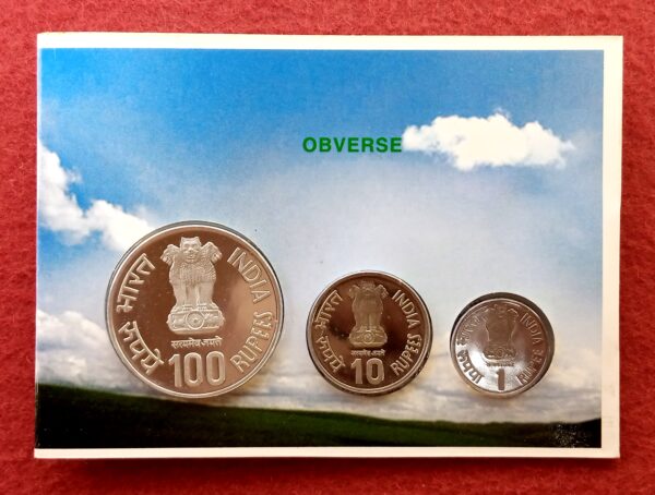 2003 - Maharana Pratap Proof 3 Coins Set (Rs.100, Rs.10,Re.1) Mumbai Mint - Image 2