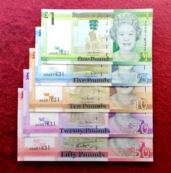 Jersey Queen Elizabeth II Set Of 5 Notes (1,5,10,20 & 50 Pounds)