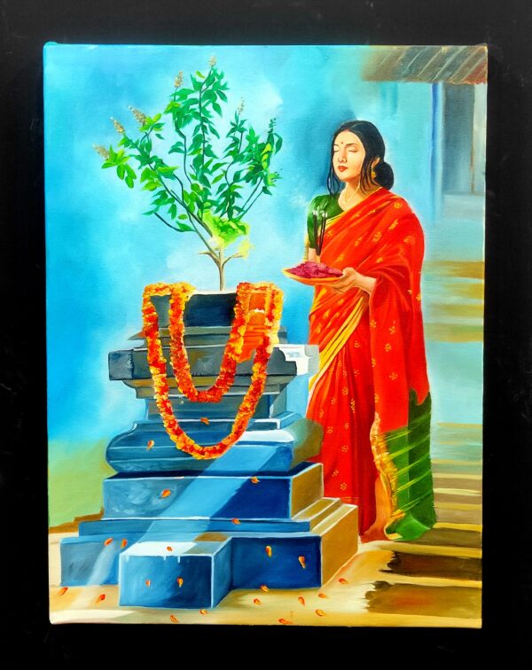 Oil Painting Canvas - Maharashtra Tradition Tulsi Vrindavan Pooja (Kiya Art World)