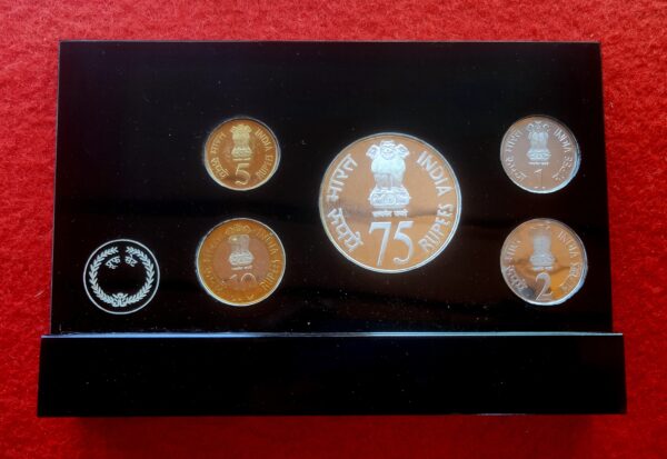 2010 - 75 Years Platinum Jubilee of Reserve Bank of India Proof 5 Coins  VVIP Set (1 Re, 2 Rs, 5 Rs, 10 Rs, 75 Rs) - Image 4
