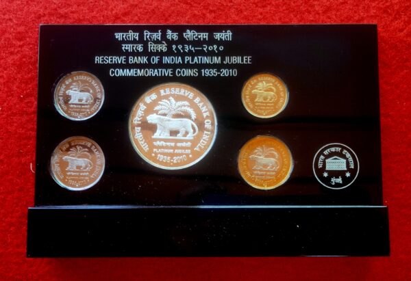 2010 - 75 Years Platinum Jubilee of Reserve Bank of India Proof 5 Coins  VVIP Set (1 Re, 2 Rs, 5 Rs, 10 Rs, 75 Rs) - Image 2