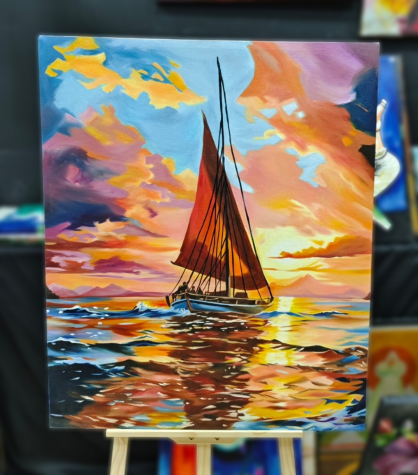 Oil Painting Canvas – Sailing Boat With Sunset (Kiya Art World)