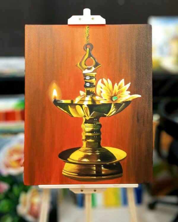 Oil Painting Canvas –  Traditional Oil Lamp With Single Flower (Kiya Art World)