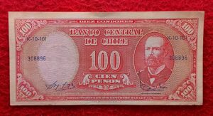 Chile 10 Centesimos Overprint on 100 Pesos Banknote