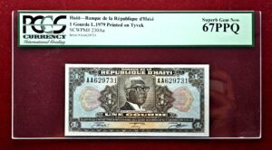 Haiti 1 Gourde President Duvalier 1979 Printed on Polymer (Tyvek) Banknote (PCGS) Superb Gem New 67 PPQ 