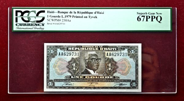 Haiti 1 Gourde President Duvalier 1979 Printed on Polymer (Tyvek) Banknote (PCGS) Superb Gem New 67 PPQ 