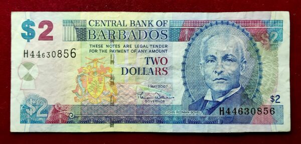 Barbados 2 Dollars Large striped numeral 2007 Banknote