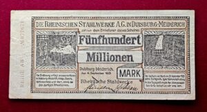 City of Duisburg 500 000 000 Mark Rheinische Stahlwerke 1923 Banknote