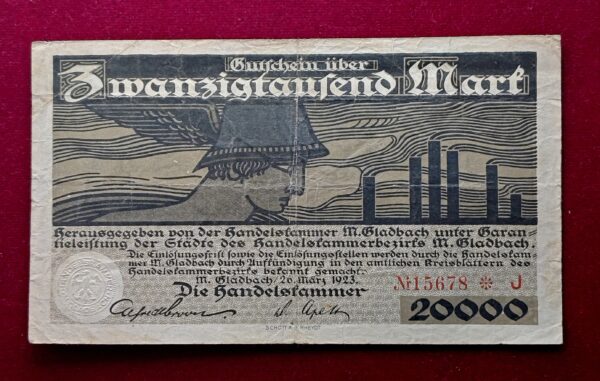 City of Monchengladbach 20 000 Mark Handelskammer 1923 Banknote