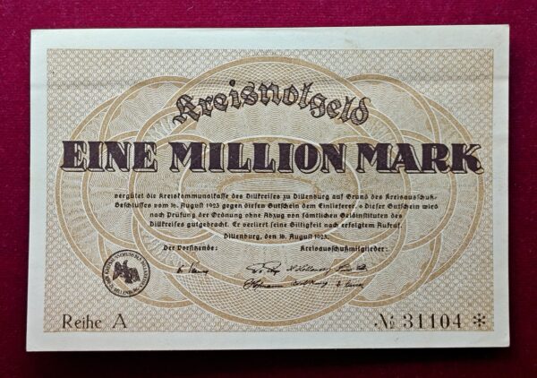 District of Dillkreis 1000 000 Mark 1923 Banknote