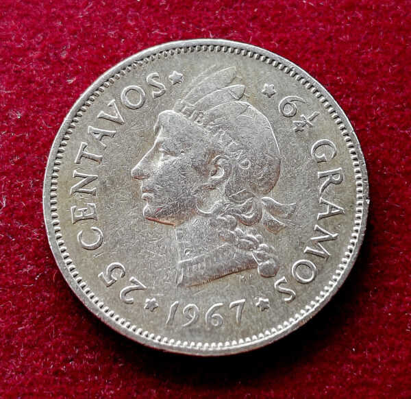 Dominican Republic 25 Centavos Head of Indian Woman ("Liberty") 1967 Coin - Image 2