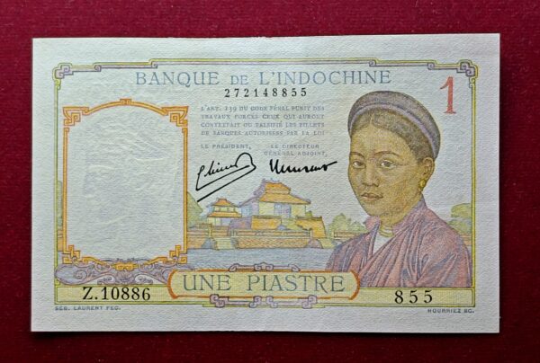 French Indochina 1 Piastre Red Numeral Banknote