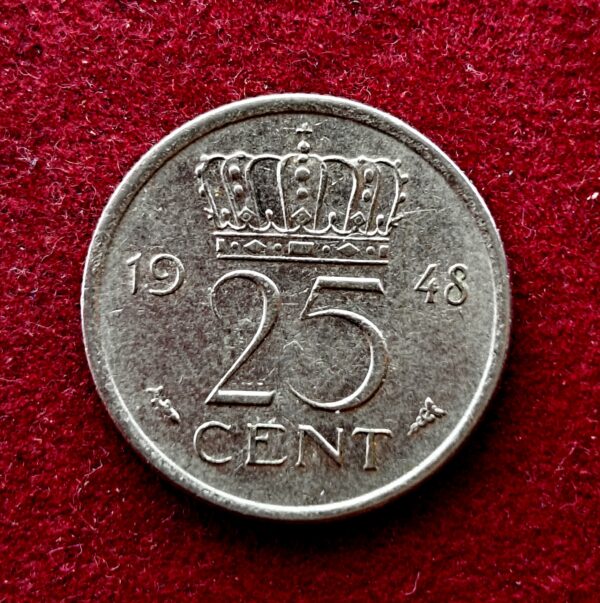 Netherlands 25 Cents Wilhelmina 1948 Coin