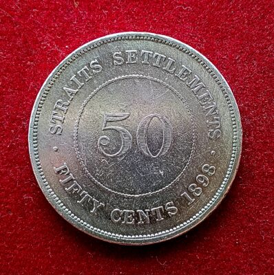 Straits Settlements (British Malaysia) 50 Cents - Queen Victoria 1898 Silver Coin