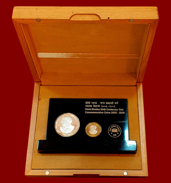 2009 - Homi Bhabha Birth Centenary Year 2 Coins VVIP Woden Box (Rs 10, Rs 100)