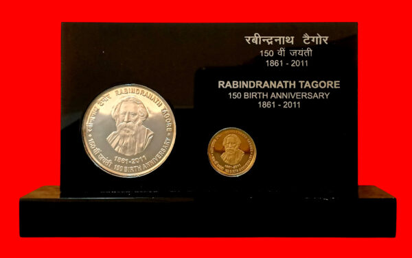2011 - Rabindranath Tagore 150 Years Birth Anniversary 2 Coins VVIP Woden Box (Rs 5, Rs 150) - Image 2