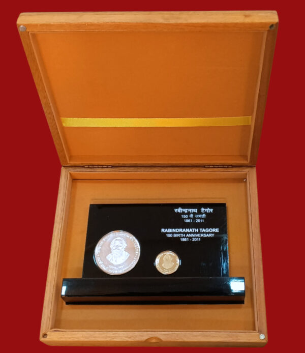 2011 - Rabindranath Tagore 150 Years Birth Anniversary 2 Coins VVIP Woden Box (Rs 5, Rs 150)