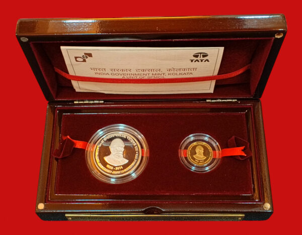 2014 - 175th Birth Anniversary Jamsetji Nusserwanji Tata Proof 2 Coins VVIP Wooden Box