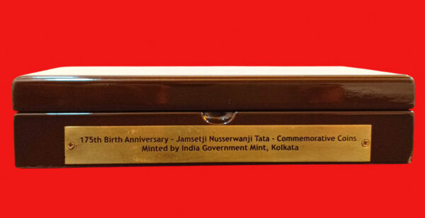 2014 - 175th Birth Anniversary Jamsetji Nusserwanji Tata Proof 2 Coins VVIP Wooden Box - Image 4