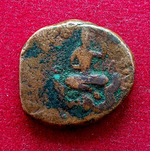 Ancient Kushan Dynasty Huvishka Copper Tetradrachm king seated cross legged on couch