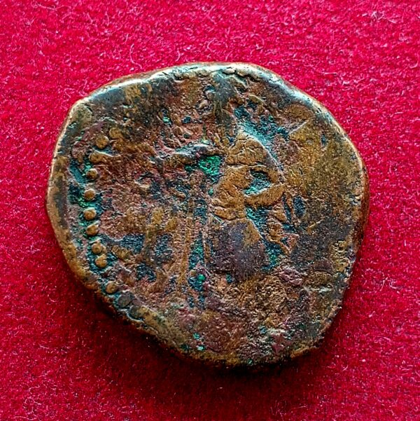 Ancient Kushan Dynasty Huvishka Copper Tetradrachm king seated cross legged on couch - Image 2