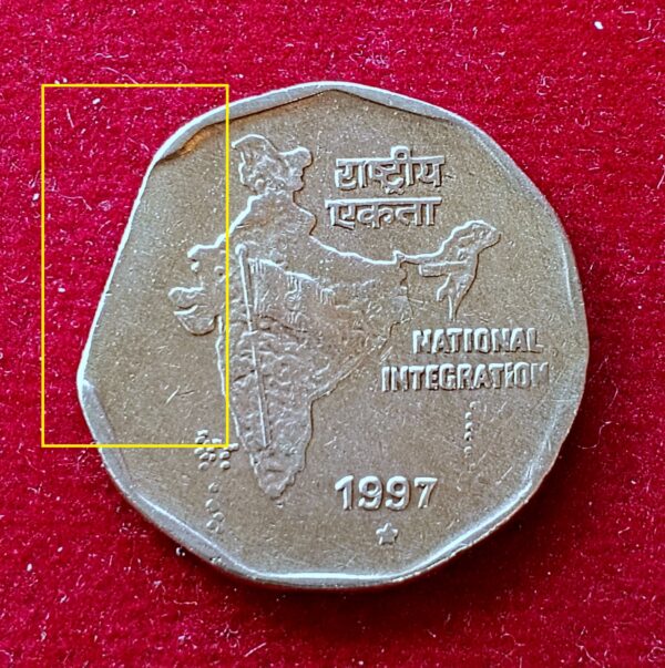 2 Rupees 1997 Straight Clip Error Coin (Hyderabad Mint)