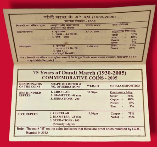 2005 – 75 Years of Dandi March (Mumbai) VVIP 2 Coin Set (Rs 100, Rs 5) - Image 4