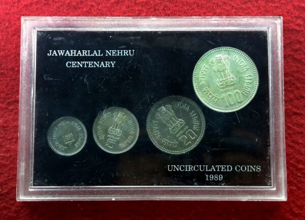 1989 - Jawaharlal Nehru Centenary Commemorative UNC 4 Coin Set (Rs.100, Rs.20, Rs.5, Re.1) Without Card & Cover - Image 2